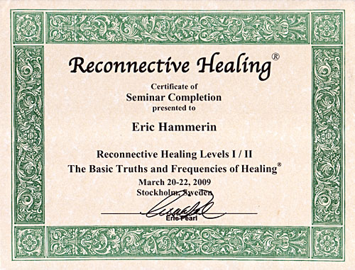 Diplom till Eric Hammerin som reconnective healer